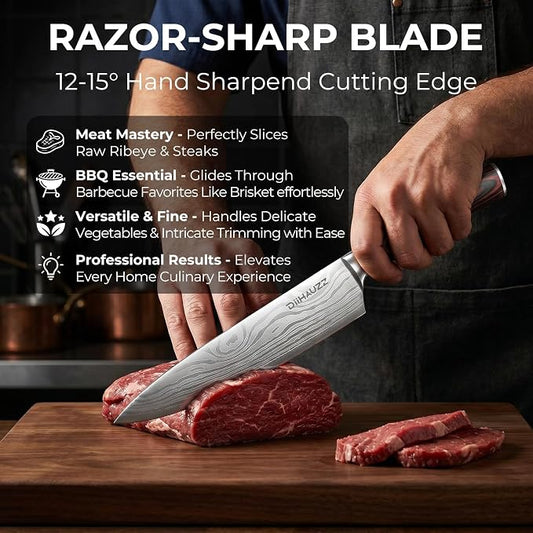 DiiHAUZZ 8 Inch Chef Knife, High Carbon Stainless Steel - Ultra Sharp Kitchen Gyutou Knife for Slicing Meat, Dicing Vegetables and Daily Meal Prep, Ergonomic Handle with Sheath, Fathers Day Gift
