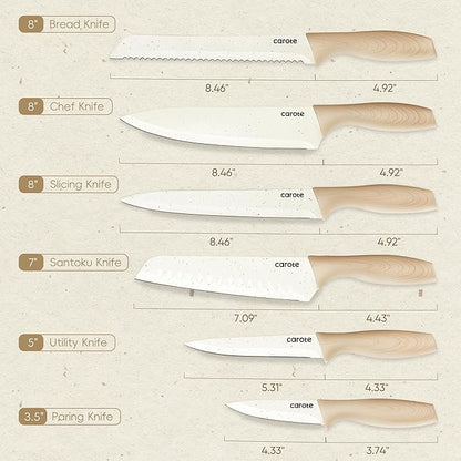 CAROTE 12PCS Knife set with Blade Guards,Granite Nonstick Ceramic Coating,Stainless Steel blade, Anti-Slip Handle, Essential Knives, Rustproof, White
