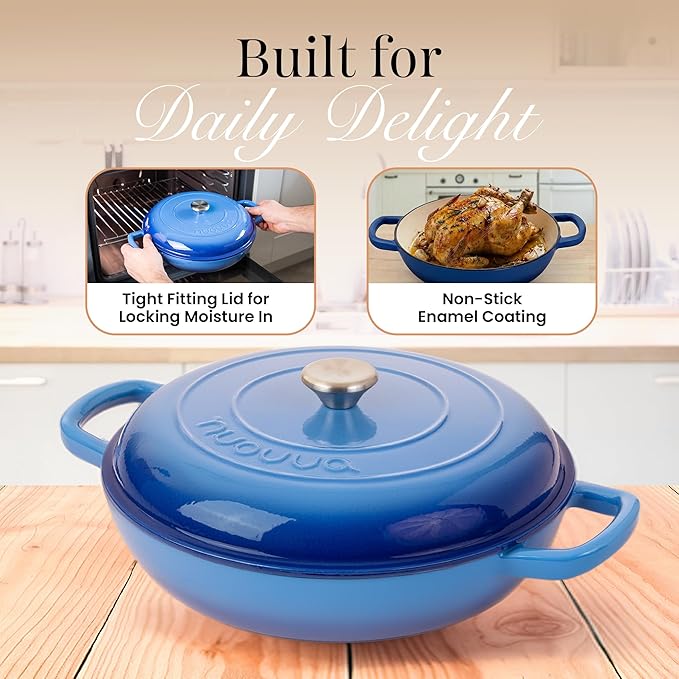 Shallow Cast Iron Casserole with Lid – Non Stick Dutch Oven Pot, Oven Safe up to 500° F – Sturdy Ovenproof Stockpot Cookware – Enamelled Cooking Pot – Dark Blue, 3.7-Quart, 30cm – by Nuovva