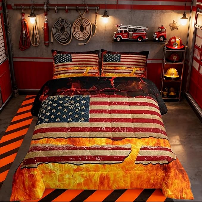 Manfei Burning Flame 3 Pcs Queen Size Comforter Set,American Flag Down Alternative Adults Room Decor,Firefighter Ultra Soft Microfiber Inner Fill 3Pcs Bedding