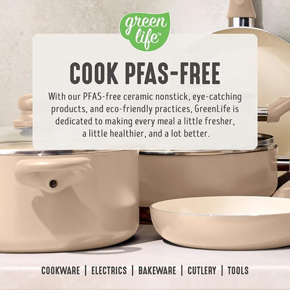 GreenLife 2 Quart Nonstick Saucepan with Lid, Non-Toxic Ceramic Pot, Dishwasher Safe, Stay-Cool Handle, Induction Ready, Fast Heating, PFAS Free, Easy Clean, Beige Taupe