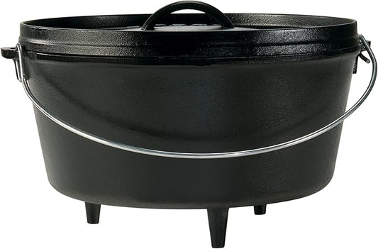 Lodge Seasoned Cast Iron Camp Dutch Oven with Lid - 8 Quart - Dual Handles - Seasoned Cast Iron Cookware with Steel Handle & Strong Lid for Heavy- Duty Camping Cookware
