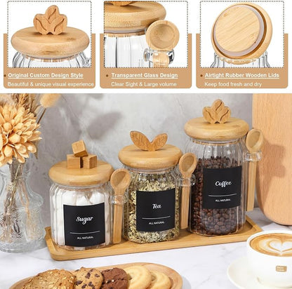 Suclain 3 Pcs Glass Coffee Container with Bamboo Color Lid & Spoon, 25, 20.3, 15 oz Airtight Glass Jar with Wooden Shelf, Food Storage Containers Coffee Jar Tea Container(Bamboo Color)