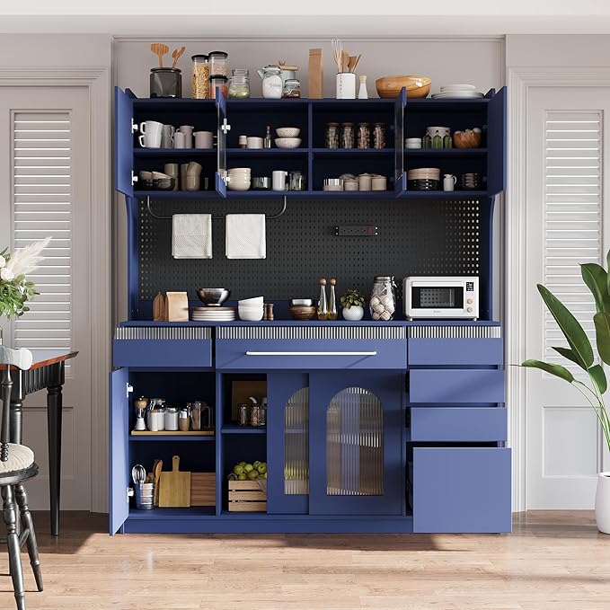 VilroCaz Freestanding Large Kitchen Pantry, Wooden Kitchen Large Coffee Bar Storage Cabinet with 6 Drawers, 5 Cabinets with Adjustable Shelves, Pegboard, Towel Rack, Power Outlet