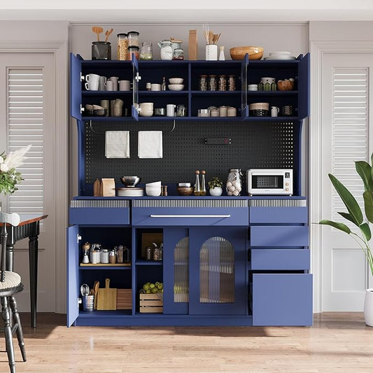 VilroCaz Freestanding Large Kitchen Pantry, Wooden Kitchen Large Coffee Bar Storage Cabinet with 6 Drawers, 5 Cabinets with Adjustable Shelves, Pegboard, Towel Rack, Power Outlet