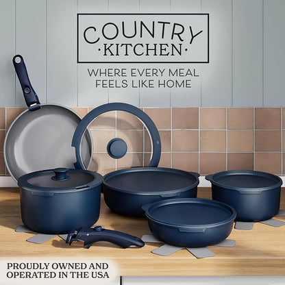 Country Kitchen Cookware Set with Removable Handle, Oven & RV Safe Pots and Pans Set, Denim, Original