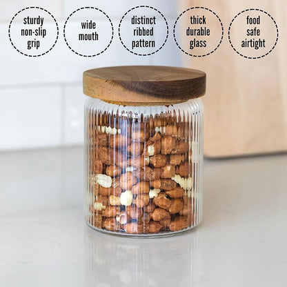 Mason & Fable Ribbed Glass Jar with Wooden Lid 17oz, Set of 3 | Airtight Fluted Storage Canisters for Food, Tea, Coffee, Candy/Spice | Organization Canisters for Home & Kitchen