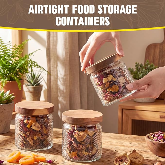 Suclain 6 Pcs 17 OZ Vintage Glass Jar with Acacia Wood Lids Airtight Glass Storage Canisters Kitchen Spice Jars Food Storage Containers for Pantry Coffee Grains Tea Sugar Flour(Leaf)