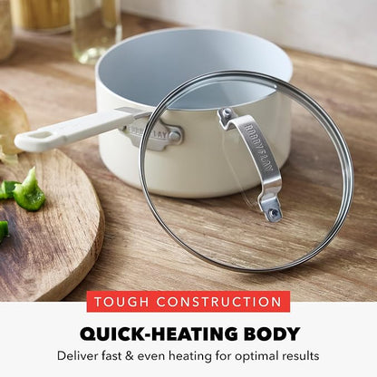 GreenPan x Bobby Flay 1.67QT Nonstick Saucepan with Glass Lid, PFAS-Free Diamond Ceramic, Induction Suitable, Stay-Cool Silicone Handle, Easy Clean Dishwasher & Oven Safe, Chef Pan, Cream