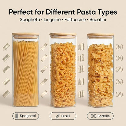 Pasta Storage Containers 3 Pack, 78oz Square Airtight Glass Spaghetti Container with Bamboo Lids, Tall Glass Pasta Storage Jar for Pantry Organization Spaghetti Linguine Fettuccine Cereal