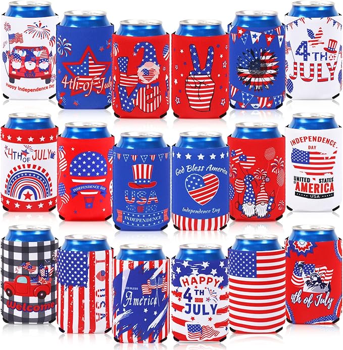 4th of July Can Cooler Sleeves, 18pcs American Flag Beer Drink Can Bottle Cooler Sleeves Collapsible for 250th Anniversary Fourth of July Independence Day Party Decorations Supplies Favors