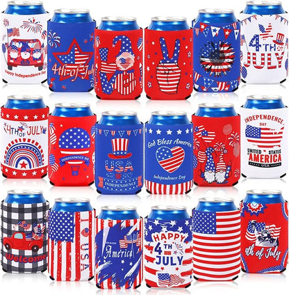 4th of July Can Cooler Sleeves, 18pcs American Flag Beer Drink Can Bottle Cooler Sleeves Collapsible for 250th Anniversary Fourth of July Independence Day Party Decorations Supplies Favors