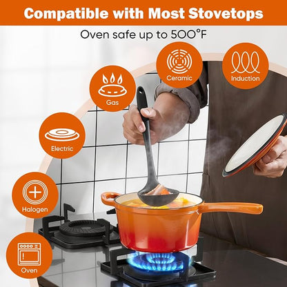 Homikit Small Cast Iron Pot, 1 QT Enameled Cast Iron Sauce Pan with Lid, Heavy Duty Enamel Dutch Oven Kitchen Cookware for Making Pasta, Boiling Soup, Warming Milk, Nonstick & Oven Safe, Flame Orange