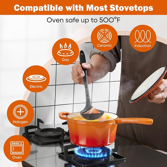 Homikit Small Cast Iron Pot, 2 QT Enameled Cast Iron Sauce Pan with Lid, Heavy Duty Enamel Dutch Oven Kitchen Cookware for Making Pasta, Boiling Soup, Warming Milk, Nonstick & Oven Safe, Flame Orange