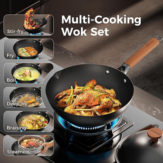 Sanho 12 Inch Carbon Steel Wok Pan, 4QT Woks & Stir-Fry Pans Nonstick with Lid, No Seasoning Required & 0 Coating, Compatible with All Cooktops & Utensils for Stir Fry, Pan-Fry, Steam, Camping