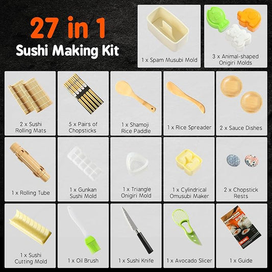Delamu Sushi Making Kit 27 in 1 [Parent-Child] Sushi Kit, for Beginners/Pros Sushi Makers, with Bamboo Sushi Mats, Sushi Rolling Tube, Onigiri Mold, Rice Paddle, Sushi Knife, Guide Book & More