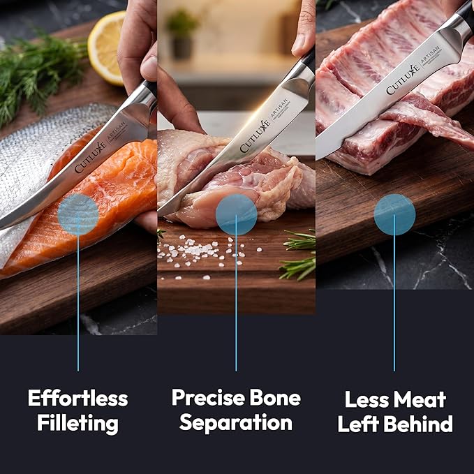 Cutluxe 3-Piece Boning Knife Set – 6" Razor-Sharp Straight, Curved & Flexible Blades, Fillet knife for Fish & Meat Cutting – High Carbon German Steel – Full-Tang Ergonomic Handles – Artisan Series