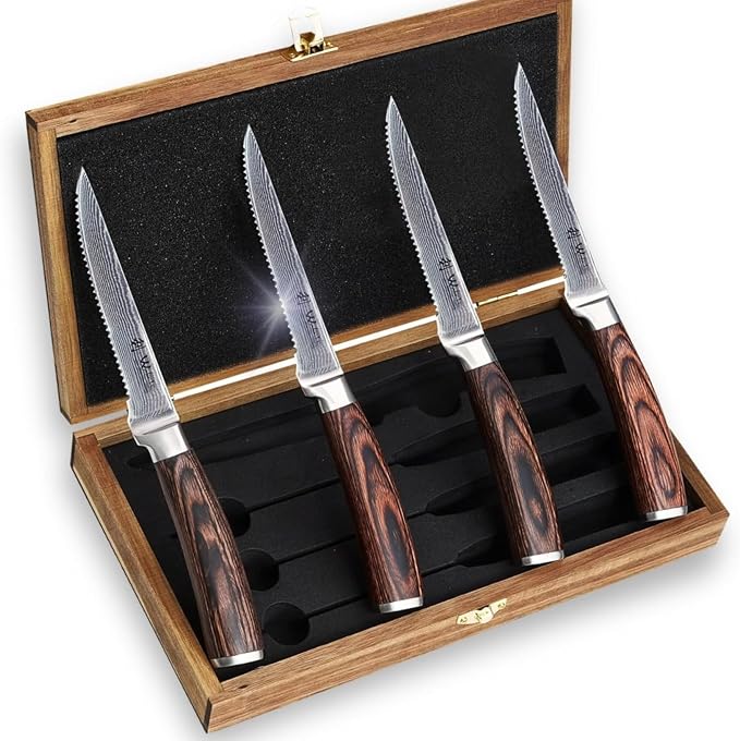 Wakoli EDIB 4-Piece Damascus Steak Knife Set, VG10 Core 67-Layer Damascus Steel Steak Knives with Pakkawood Handles, Premium Dining Cutlery Gift Box for Steak, Meat, Roasts & Poultry, Hand Wash Only
