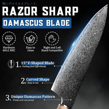 ROCOCO Damascus Chef Knife Set - Japanese Nakiri Utility Paring Knives Sharp Gyuto Meat Cleaver for Home Kitchen Gift Idea