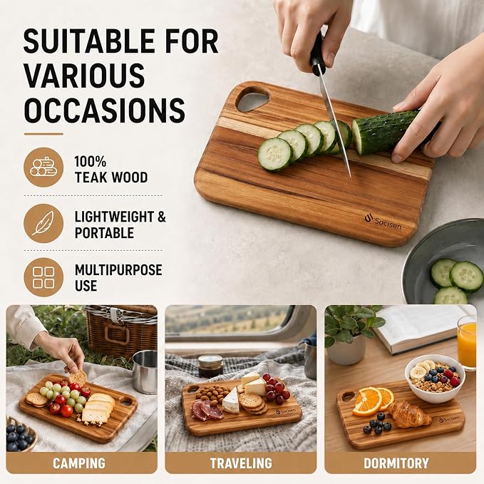 Socisen 2-Pack Small Teak Cutting Boards, 8.6" Mini Wood Charcuterie Board | Premium Teak Wood·FSC Certified·Lightweight Chopping Board·Non Toxic Serving Board·Tiny Cheese Board Set·Easy to Clean