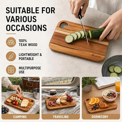 Socisen 2-Pack Small Teak Cutting Boards, 8.6" Mini Wood Charcuterie Board | Premium Teak Wood·FSC Certified·Lightweight Chopping Board·Non Toxic Serving Board·Tiny Cheese Board Set·Easy to Clean