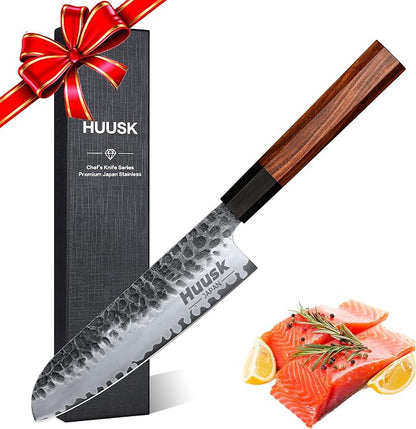 Huusk Japanese Santoku Knife - 7 Inch Kitchen Chef Knives, Hand Forged High Carbon Steel Vegetable & Meat Knife, Ergonomic Rosewood Handle with Gift Box, Multipurpose Cooking Knives