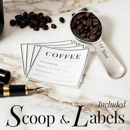STYLED SETTINGS Vacuum Coffee Canister with Airtight Lid - Dual-Lid Airtight Coffee Canister with Scoop and Label for Beans and Grounds, Food Storage Container -White and Gold Kitchen Accessories