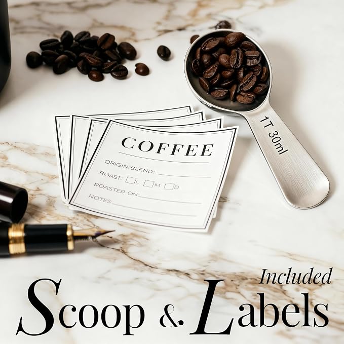 STYLED SETTINGS Coffee Storage Container - Airtight Vacuum Coffee Canister with Scoop and Label - Matte Black Canister Holds 1lb Beans or Grounds, Dual-Lid Freshness System - Perfect for Gifting