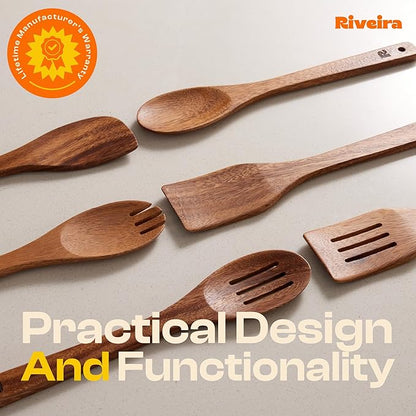 Riveira Walnut Wooden Spoons for Cooking Set of 6 – Natural Walnut Wooden Cooking Utensils, Spatula, Spoon - Premium Quality Utensil Set for Non-Toxic Cooking