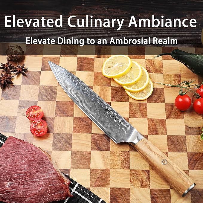 Chef Knife, 8 Inch Japanese Chefs Knife Professional Razor Sharp, VG-10 Damascus Stainless Steel Kitchen Knife with White Olive Wood Handle, Gift Box for Family & Restaurant