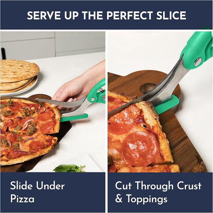 Green Pizza Scissors - Non-Stick Pizza Scissors with Firm Grip Base - Food Grade Stainless Steel Pizza Cutter - 5-in-1 Food Slicer & Pizza Server - Durable, Safe & Mess Free