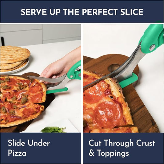 Green Pizza Scissors - Non-Stick Pizza Scissors with Firm Grip Base - Food Grade Stainless Steel Pizza Cutter - 5-in-1 Food Slicer & Pizza Server - Durable, Safe & Mess Free
