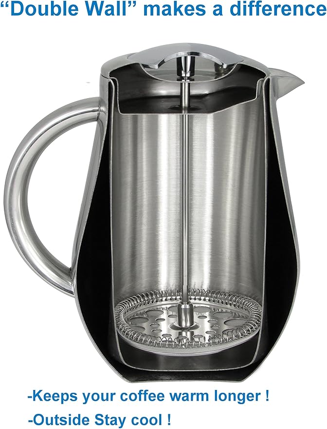 SterlingPro Small Insulated Stainless Steel French Press Coffee Maker 34oz - Insulated Metal Double Wall Insulation Cofee Maker | Mirror Finish | Pear Shape | Include x2 Replacement Filter Screens