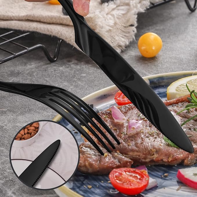 Lemeya 24 Pieces Black Silverware Set for 6,Heavy Duty 18/10 Stainless Steel Flatware Set with Forged Stand Knife,Modern Cutlery Utensil Set,Mirror Polished,Dishwasher Safe