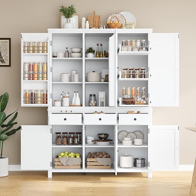 74.8''H High Freestanding Kitchen Pantry, Wooden Kitchen Organizers Cupboard Storage Cabinet with Door Shelves, Adjustable Shelves, Pull-out Trays and Drawers for Dining Room Living Room (White-2.12)
