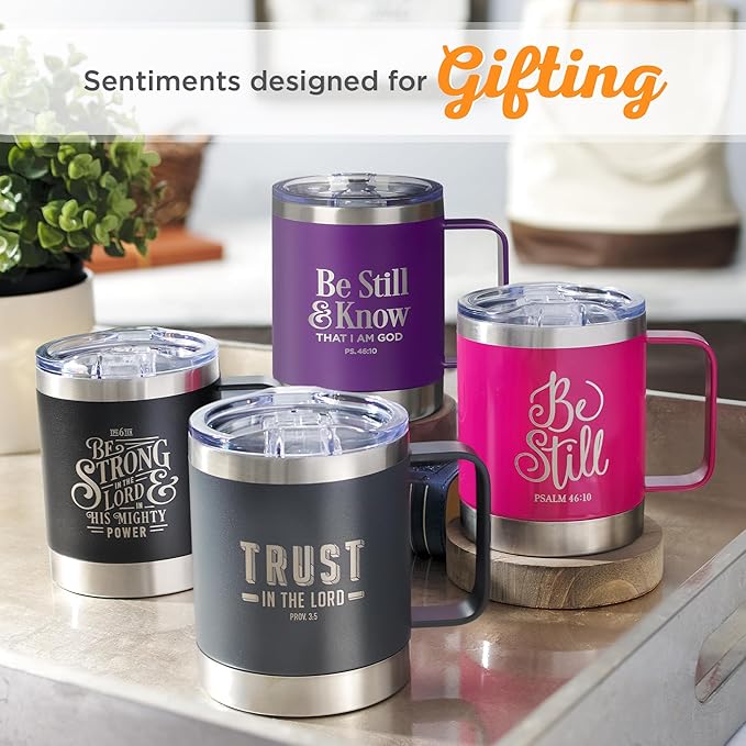 Christian Art Gifts Reusable Stainless Steel Double Wall Vacuum Insulated Camp Style Travel Mug w/Handle for Women: Be Still & Know Inspirational Bible Verse, BPA-free Retractable Lid, Purple, 11 oz.
