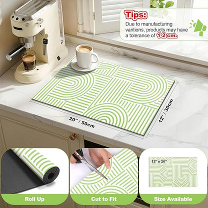 Findosom Dish Drying Mat, 12" x 20" Super Absorbent Dish Mat with Modern Geometric Striped, Hide Stain Drying Mat for Kitchen Counter, Under Dish Rack, Coffee Maker, Espresso Machine, Green & White