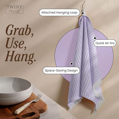 TWINY threads Kitchen Towel Chevron Pattern, Premium Large Kitchen Linen Set, 100% Cotton Wash Rags, Absorbent Quick Drying Cloths, Washable Reusable Multi Purpose, Set of 4, 16x26 Inches, Lavender