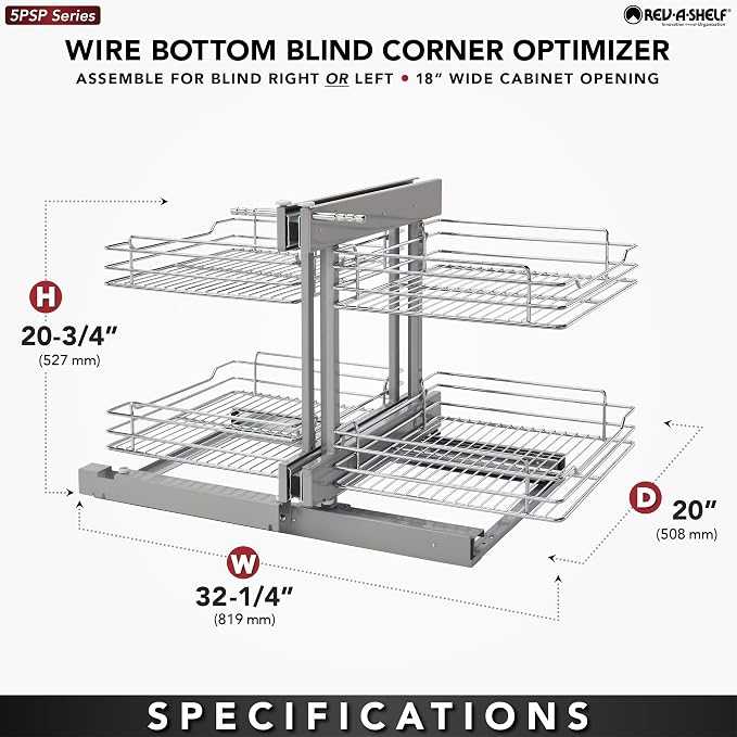 Rev-A-Shelf Chrome Two-Tier Wire Bottom Pullout Organizer for Blind Corner Base Kitchen Cabinets, Adjustable 4-Basket Storage System, Min Opening Width of 18", 5PSP-18-CR