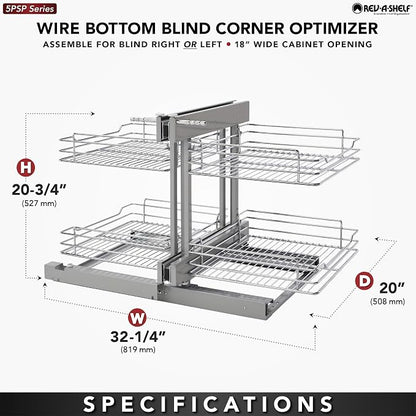 Rev-A-Shelf Chrome Two-Tier Wire Bottom Pullout Organizer for Blind Corner Base Kitchen Cabinets, Adjustable 4-Basket Storage System, Min Opening Width of 18", 5PSP-18-CR
