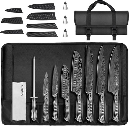 MOSFiATA Kitchen Knife Set, 12Pcs Japanese Stainless Steel Knife Sets for Kitchen with Oxford cloth storage bag with Knife Sharpening Rod, Dishwasher Safe, For Outdoor(grey)