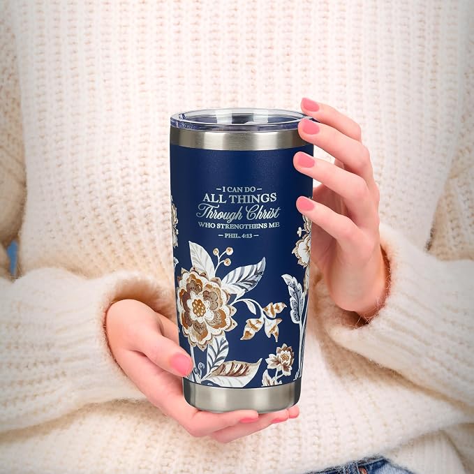 Christian Art Gifts Stainless Steel Scripture Tumbler Travel Mug for Women: All Things Through Christ Inspirational Bible Verse, Double-wall Vacuum Insulated w/Lid Hot/Cold, Navy Blue Floral, 18oz.