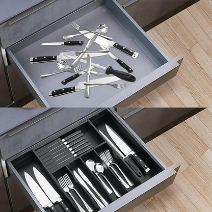 VaeFae Bamboo Silverware Drawer Organizer Kitchen, Expandable Utensil Organizer with Knife Block, Cutlery Tray with Divider, Multifunctional Drawer Organizer (Black)