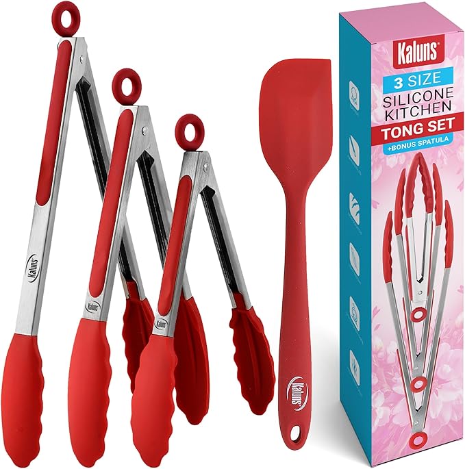 Kaluns Kitchen Tongs for Cooking Grilling Set of 4, BBQ Grill Tongs With Silicone Tip Stainless Steel Heat Resistant, Non-stick Pull Lock, Incl 7, 9, 12 Inch Tong Plus a Silicone Spatula
