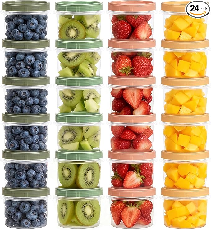 8 Oz Small Food Containers with Lids, 24 Pack, 1-Cup Reusable Snack Containers with Screw Top for Food Small Portions Meal Prep Freezer Storage, Microwave Freezer Dishwasher Safe, 4 Colors