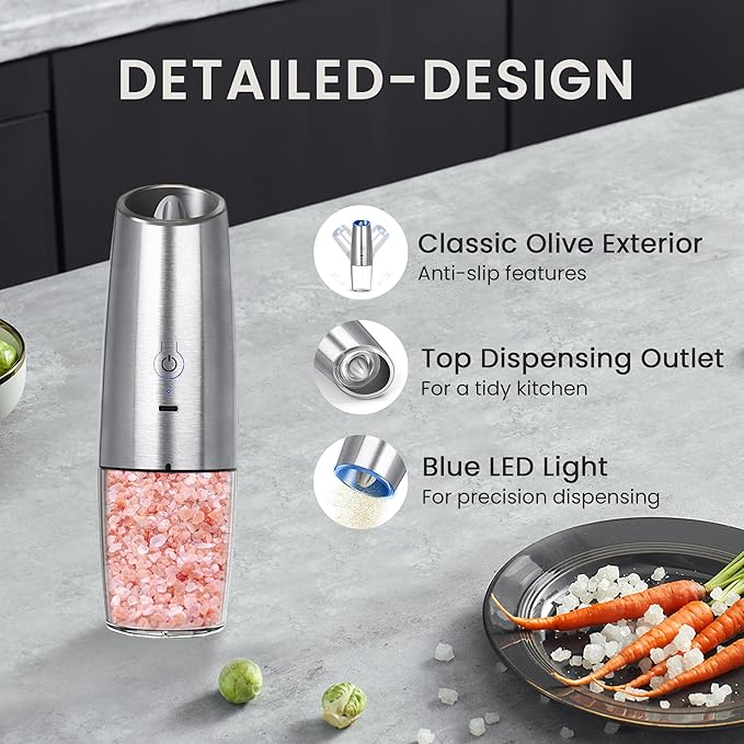 Rechargeable Salt And Pepper Grinder Set with LED Light, Automatic Electric Gravity Salt And Pepper Shakers Set, No Battery Needed, Adjustable Roughness, 2 Pack (Silver)