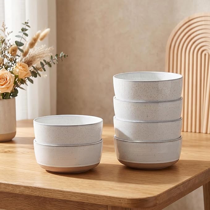 HASENSE Ceramic Cereal Bowls Set of 6, Bluish White Bowls Microwave Safe and Dishwasher Safe for Kitchen, 30 OZ Bowls for Soup, Salad and Oatmeal, 6 Inch Porcelain Dinner Bowls with Two-Tone Color