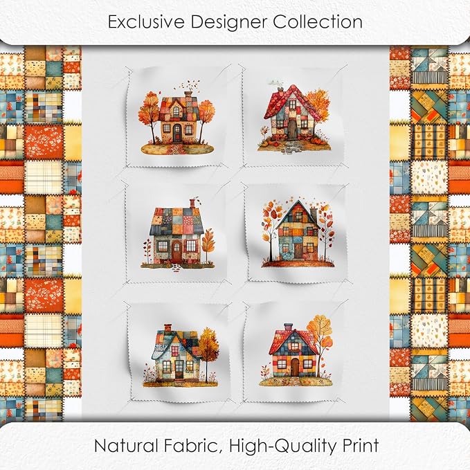 Cozy Autumn Patchwork House Fabric Panel – Six 10×10 inch Designs + Bonus 29.5×19.6 inch Patchwork Sheet, 100% Turkish Cotton 140 GSM