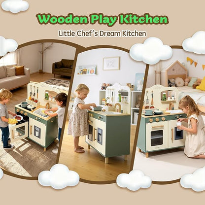 Kids Play Kitchen Toddler Kitchen Playset with Play Food Set Pretend Cooking Set with Sink, Stove, Microwave Wooden Toys Kitchen Gift for Girls and Boys