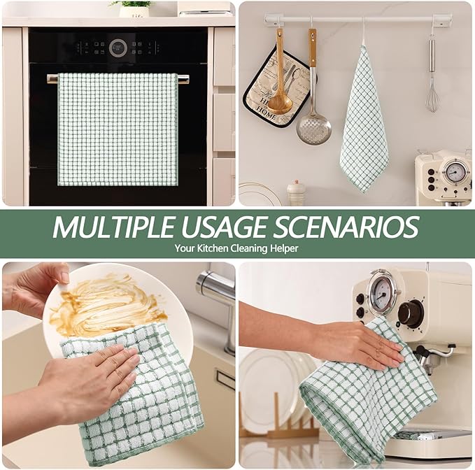 Homaxy Kitchen Towels and Dishcloths Set, 16 x 25 and 12 x 12 Inches, Set of 8 Cotton Terry Kitchen Dish Towels, Super Soft and Absorbent Dish Cloths, Grass Green
